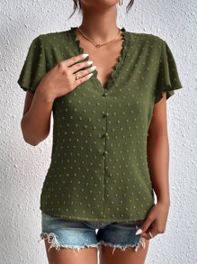 SHEIN Frenchy Áo sơ mi nữ Nút Tương phản ren màu trơn Boho - xanh quân đội - Xem 6