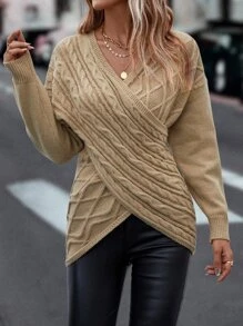 SHEIN Unity Áo len nữ Cáp đan Bất đối xứng Hội Chữ thập màu trơn Giải trí - Màu Khaki - Xem 6