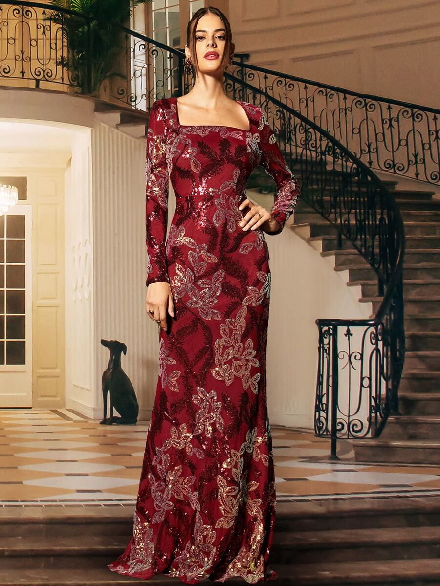 Missord Square Neck Sequins Prom Dress - Burgundy - View 1