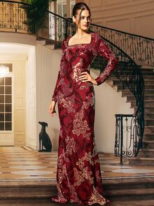 Missord Square Neck Sequins Prom Dress - Burgundy - View 5