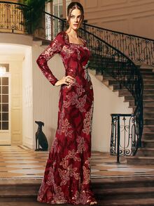 Missord Square Neck Sequins Prom Dress - Burgundy - View 7