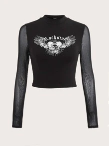 ROMWE PUNK Skull & Letter Graphic Contrast Mesh Crop Tee - Black - View 1