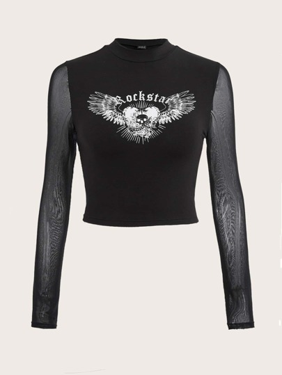 Skull & Letter Graphic Contrast Mesh Crop Tee