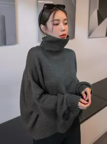 DAZY Turtleneck Drop Shoulder Oversized Jumper - Dark Grey - View 1