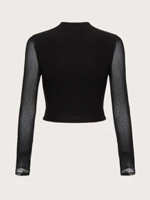 ROMWE PUNK Skull & Letter Graphic Contrast Mesh Crop Tee - Black - View 2