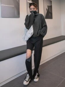 DAZY Turtleneck Drop Shoulder Oversized Jumper - Dark Grey - View 3