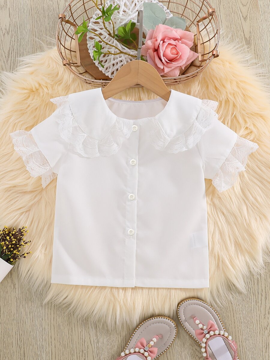 Toddler Girls Contrast Lace Statement Collar Blouse - White - View 1