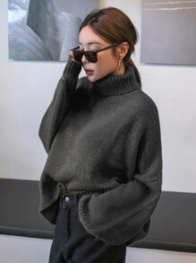 DAZY Turtleneck Drop Shoulder Oversized Jumper - Dark Grey - View 5