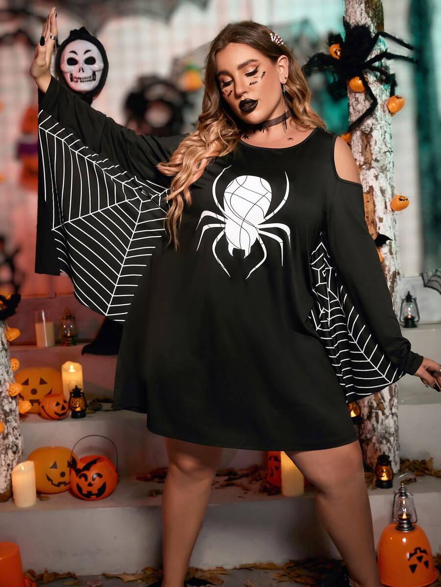 SHEIN Unity Plus Gothic Spider Web Print Halloween Costume Dress Fall Cloth For Women - Black - View 1