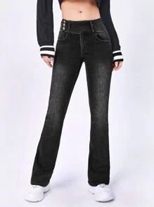 Button Side Detail Flare Leg Jeans - Black - View 1