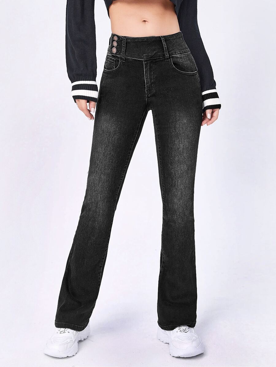 Button Side Detail Flare Leg Jeans - Black - View 1