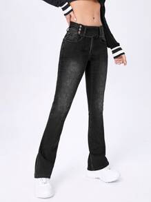 Button Side Detail Flare Leg Jeans - Black - View 5