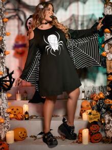 SHEIN Unity Plus Gothic Spider Web Print Halloween Costume Dress Fall Cloth For Women - Black - View 3