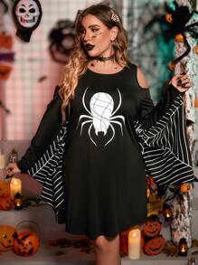 SHEIN Unity Plus Gothic Spider Web Print Halloween Costume Dress Fall Cloth For Women - Black - View 4