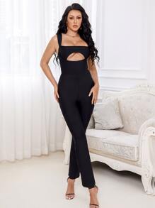 Cut Out Zip Back Flare Leg Bandage Jumpsuit - Black - View 1