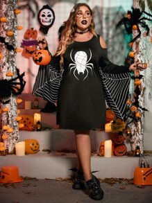 SHEIN Unity Plus Gothic Spider Web Print Halloween Costume Dress Fall Cloth For Women - Black - View 5
