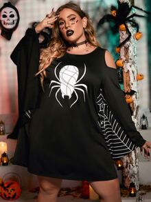 SHEIN Unity Plus Gothic Spider Web Print Halloween Costume Dress Fall Cloth For Women - Black - View 6