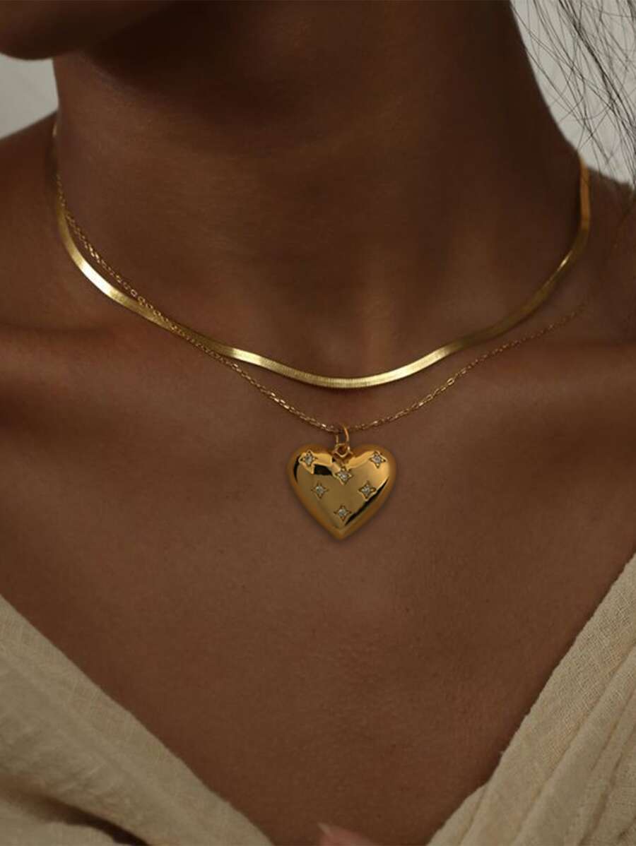 Nooxian 2pcs/set Fashion Rhinestone Decor Heart Pendant Necklace For Women For Daily Decoration
