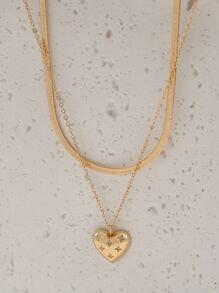 Nooxian 2pcs/set Fashion Rhinestone Decor Heart Pendant Necklace For Women For Daily Decoration - Yellow Gold - View 3