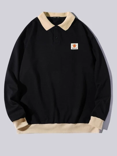 Extended Sizes Men Contrast Panel Letter Patched Detail Polo Neck Pullover Shein Usa