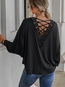 SHEIN LUNE Contrast Guipure Lace Criss Cross Drop Shoulder Tee - Black - View 1