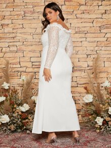 SHEIN Belle Vestido de novia panel con encaje de hombros descubiertos ribete con fruncido de muslo con abertura - Blanco - Ver 5