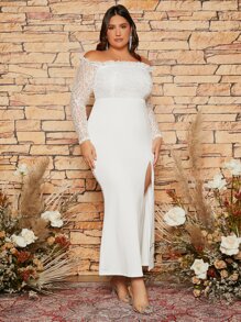SHEIN Belle Vestido de novia panel con encaje de hombros descubiertos ribete con fruncido de muslo con abertura - Blanco - Ver 2