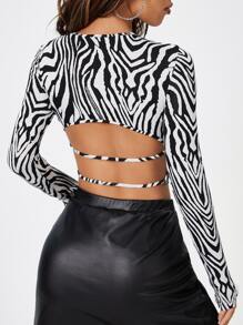 SHEIN PETITE Áo thun nữ Lộ Lưng Sọc ngựa vằn Gợi cảm - Đen và trắng - Xem 1