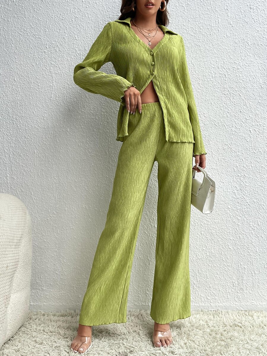 SHEIN Tall Pantalones con blusa unicolor con botón delantero - Verde Oliva - Ver 1