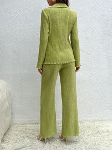 SHEIN Tall Pantalones con blusa unicolor con botón delantero - Verde Oliva - Ver 2