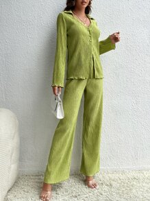 SHEIN Tall Pantalones con blusa unicolor con botón delantero - Verde Oliva - Ver 5