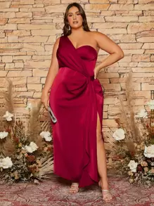 SHEIN Belle Burgundy Red Plus One Shoulder Ruched Wrap Hem Bridesmaid Dress - Burgundy - View 3