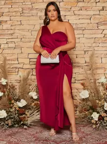 SHEIN Belle Burgundy Red Plus One Shoulder Ruched Wrap Hem Bridesmaid Dress - Burgundy - View 4