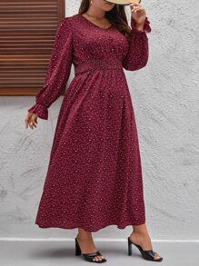SHEIN Clasi Plus Leopard Print Flounce Sleeve Dress - Maroon - View 1