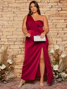 SHEIN Belle Burgundy Red Plus One Shoulder Ruched Wrap Hem Bridesmaid Dress - Burgundy - View 5