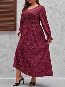 SHEIN Clasi Plus Leopard Print Flounce Sleeve Dress - Maroon - View 3