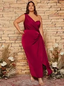 SHEIN Belle Burgundy Red Plus One Shoulder Ruched Wrap Hem Bridesmaid Dress - Burgundy - View 7