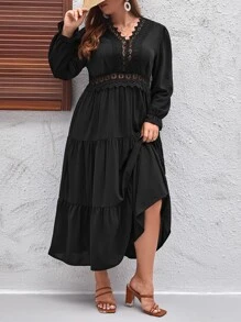 SHEIN LUNE Plus Guipure Lace Insert Layered Hem Dress - Black - View 1