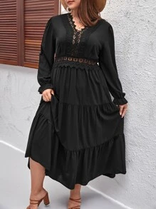 SHEIN LUNE Plus Guipure Lace Insert Layered Hem Dress - Black - View 3