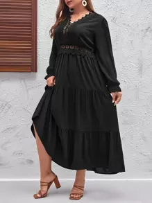 SHEIN LUNE Plus Guipure Lace Insert Layered Hem Dress - Black - View 4
