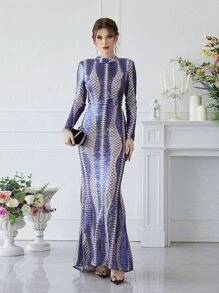 YISIKADO Colourblock Sequin Mermaid Hem Formal Dress - Violet Purple - View 1
