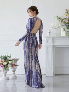 YISIKADO Colourblock Sequin Mermaid Hem Formal Dress - Violet Purple - View 2