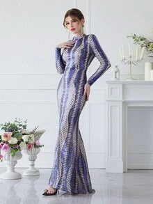 YISIKADO Colourblock Sequin Mermaid Hem Formal Dress - Violet Purple - View 4