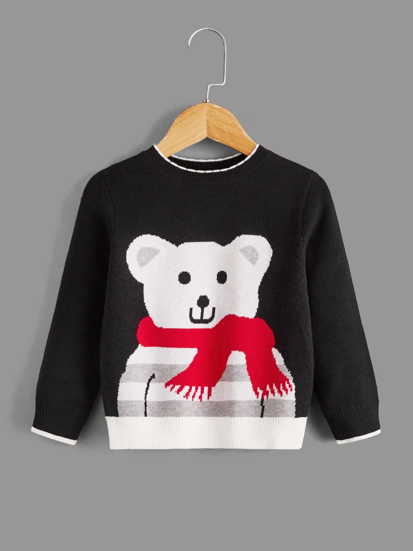 Toddler Boys Bear Pattern Contrast Trim Jumper - Black - View 1