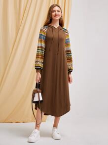 Seusyu 拼接幾何圖案插肩袖連帽連衣裙 - 咖啡棕 - 查看 1