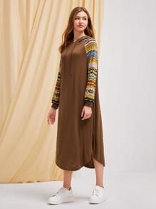 Seusyu 拼接幾何圖案插肩袖連帽連衣裙 - 咖啡棕 - 查看 4