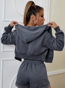 Muchica Drop Shoulder Kangaroo Pocket Drawstring Crop Hoodie - Dark Grey - View 2