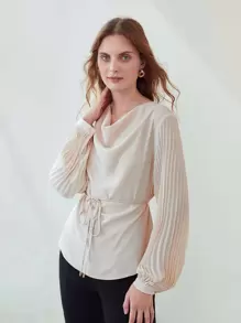 MOTF PREMIUM PLEATED SLEEVE DRAPED BELTED TOP - Apricot - View 2