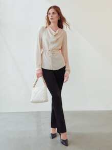 MOTF PREMIUM PLEATED SLEEVE DRAPED BELTED TOP - Apricot - View 4