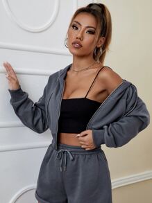 Muchica Drop Shoulder Kangaroo Pocket Drawstring Crop Hoodie - Dark Grey - View 4